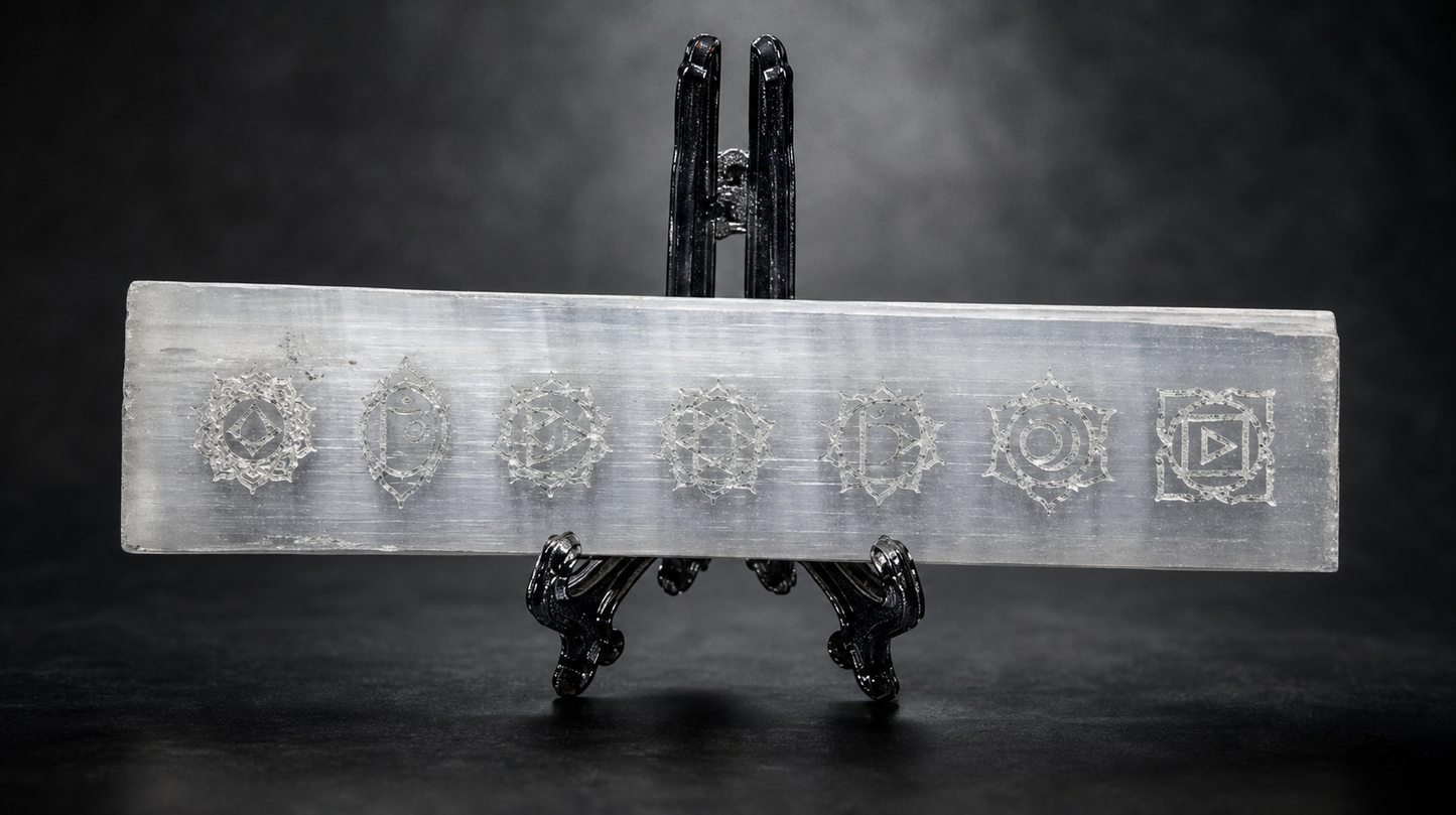 white-selenite-crystal-7-chakra-etched-charging-plate-on-stand
Alt Text: A rectangular white selenite crystal plate etched with the seven chakra symbols, displayed horizontally on a small black wire easel stand.