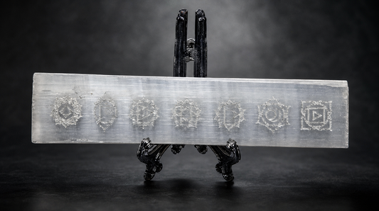 white-selenite-crystal-7-chakra-etched-charging-plate-on-stand
Alt Text: A rectangular white selenite crystal plate etched with the seven chakra symbols, displayed horizontally on a small black wire easel stand.