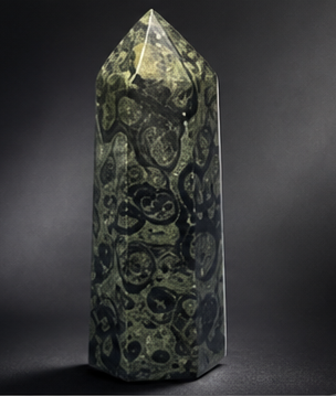 A chunkier, wider variant of the Kambaba Jasper crystal obelisk tower showing dense circular mineral formations on a polished surface.