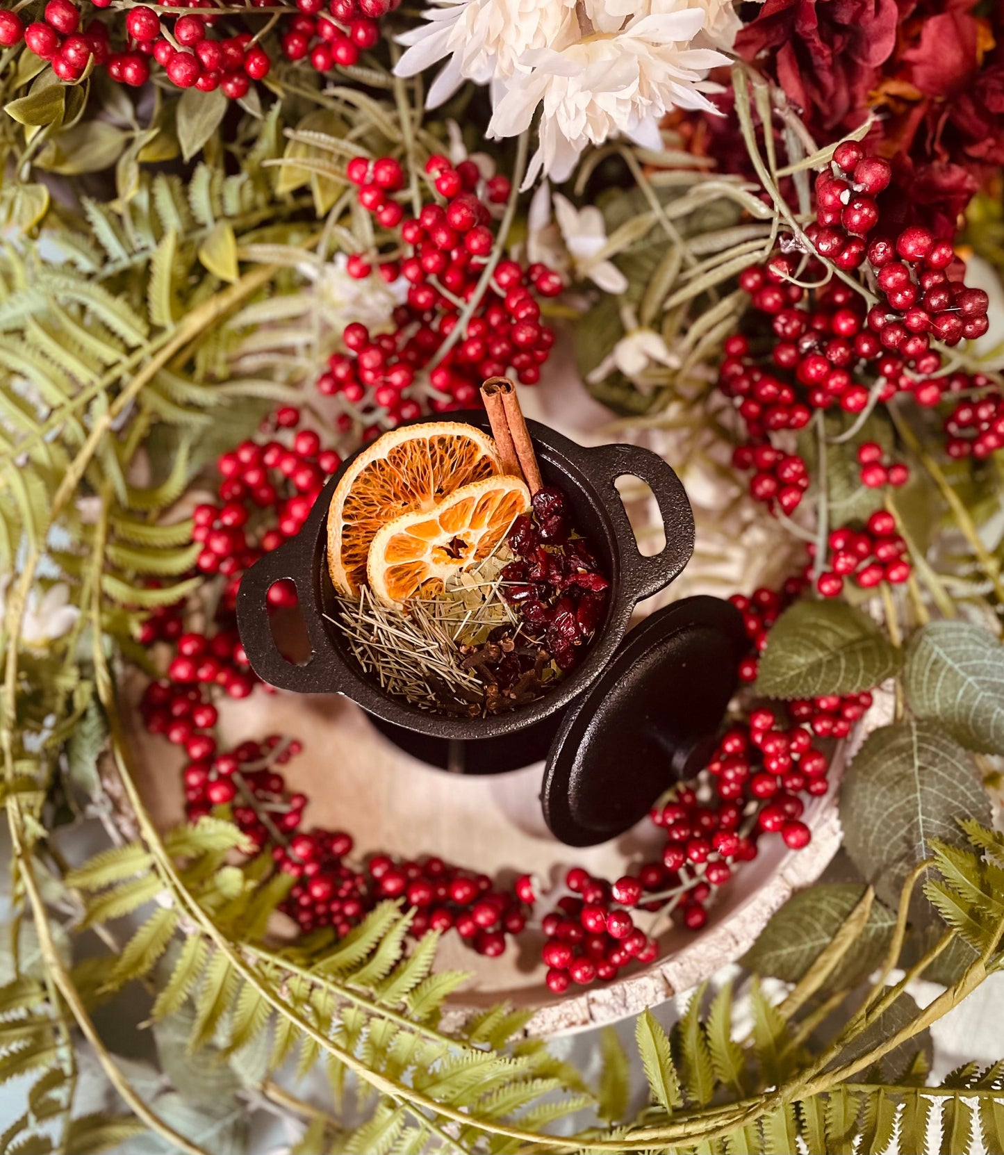 An overhead view of a miniature black stovetop pot filled with dried orange slices, cinnamon sticks, and berries, beautifully nestled within lush green ferns and bright red holiday berries.