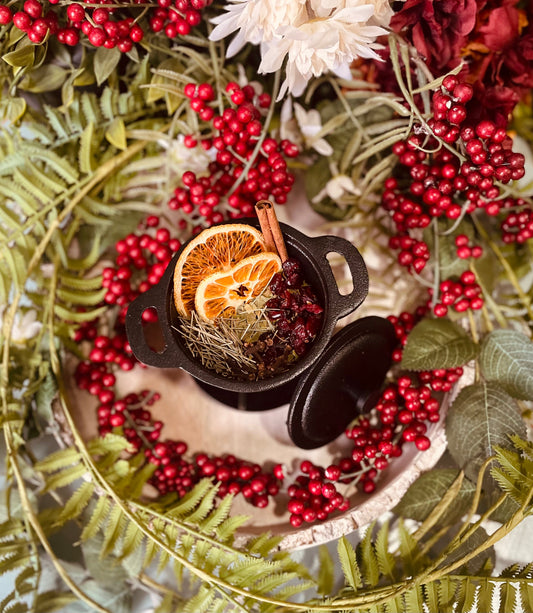 An overhead view of a miniature black stovetop pot filled with dried orange slices, cinnamon sticks, and berries, beautifully nestled within lush green ferns and bright red holiday berries.